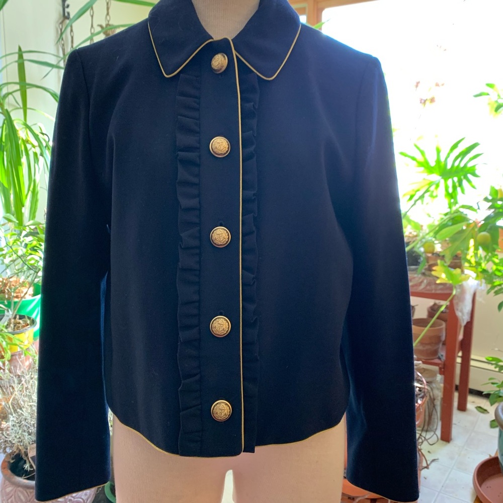 J.Crew Navy Lady Jacket With Ruffles Gold Buttons